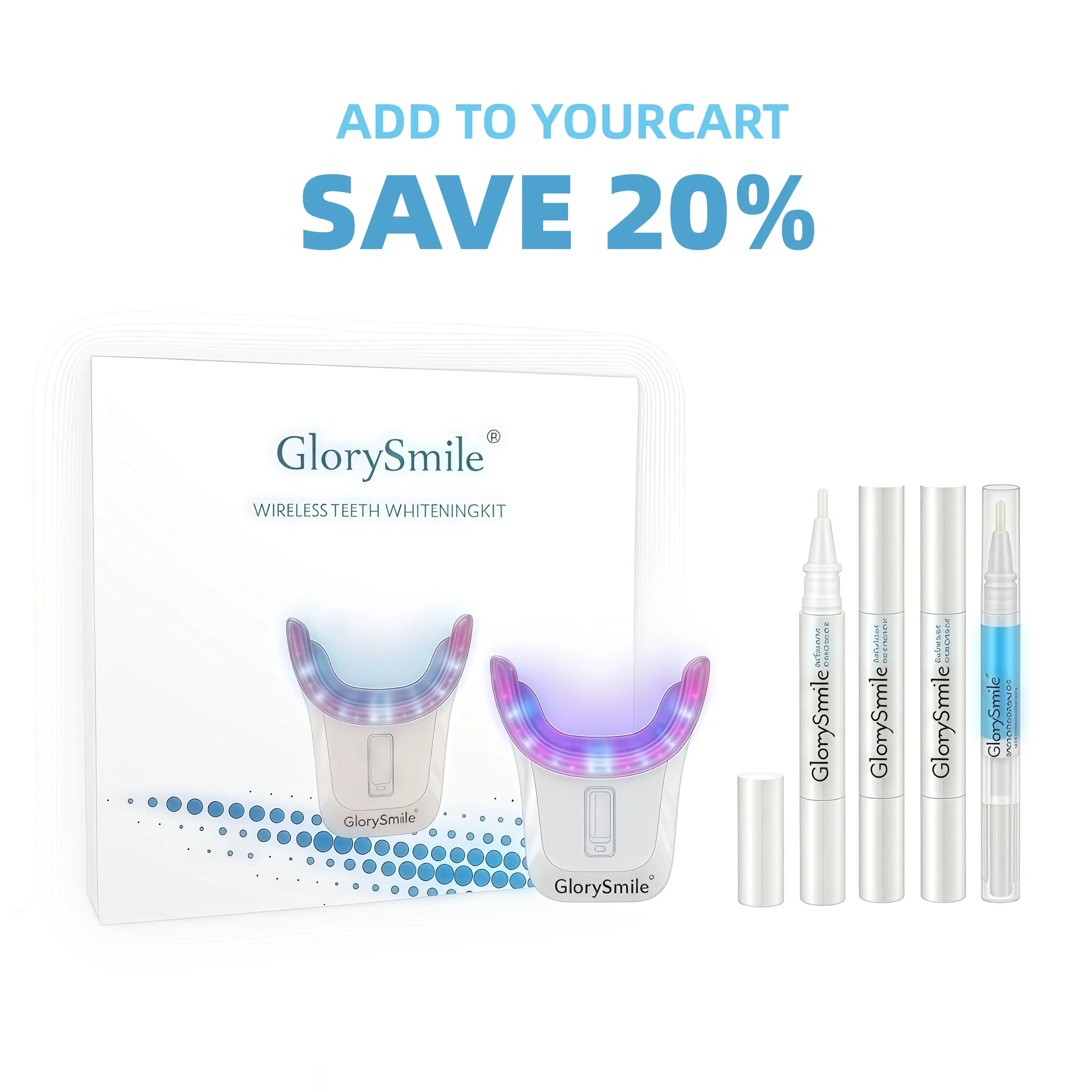 GlorySmile 32 LED Red and Blue Dual Light Whitening Set - BPA-free material tray - EU patented teeth whitening set, non-peroxide type PAP gel for removing coffee, tea and cigarette stains - Home teeth whitening device