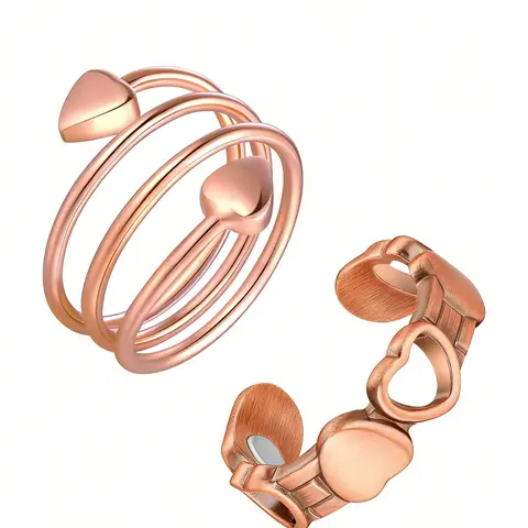 2pcs Copper Heart Shaped Rings for Women, 99.99% Pure Copper Magnetic Thumb Ring, Open Heart Ring, Heart Design Ring, Lymphatic Jewelry Gifts, Charm Bracelets, Essential Accessories, Copper Statement Ring, Beautiful Rings