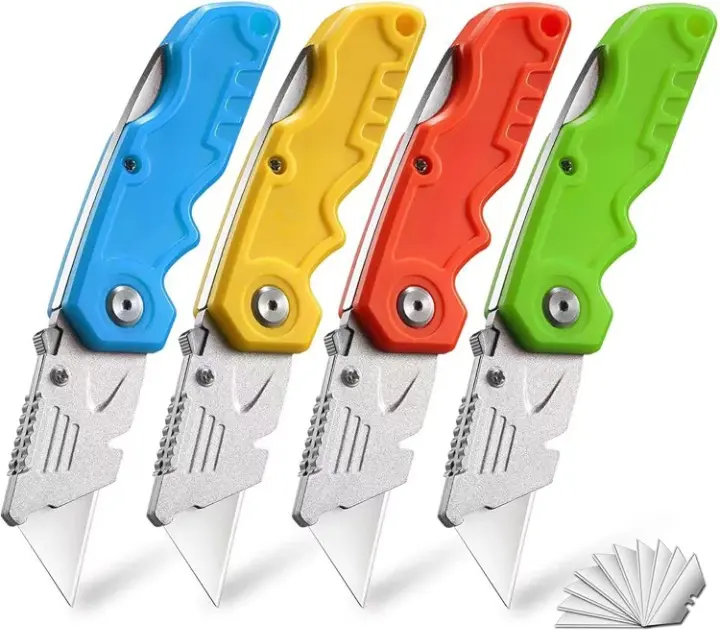 4-Pack Foldable Alloy Steel Box Cutters for Adults & Hiking, Razor-Sharp Blade, Comfortable Handle, 10 Extra Blades for Heavy-Duty Use, Cutting Drywall Sheets, Wallpaper, Plastic (Orange, Yellow), Cut Drywall Sheets