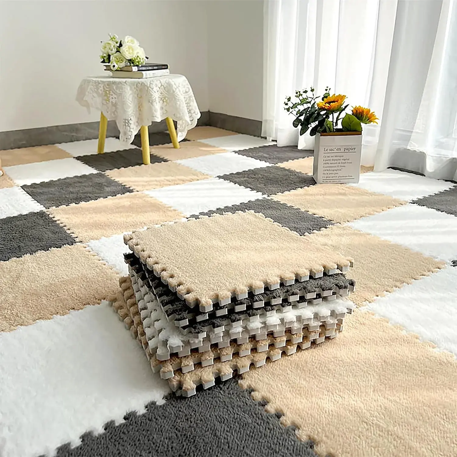 Transform Your Child's Play Area with 12 Pcs Plush Interlocking Carpet Tiles - Non-Toxic, Anti-Slip Foam for Safe and Cozy Fun in Grey, White, and Light Brown