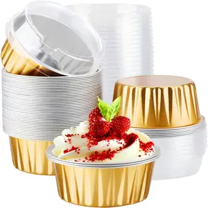 30 mini aluminum foil cupcake cups, 5 oz. lidded baking cups, disposable mini cake molds, lidded bread molds, disposable baking bowls, tin cups, cupcakes, puddings, muffins (gold)