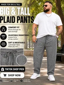 Men's Plus Size High-Quality Tall Plaid Pants, Loose Fit Casual Pants, Drawstring Waist Multi-Pocket Street Style Long Pants, Retro Trendy Sports Pants, Casual Sporty Pants