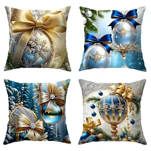 4pcs, Festive Christmas Themed Pillow Covers,  Blue and Silvery Ball, Golden Bow Pattern Decoration, Modern Style, Suitable for Living Room Sofa Holiday Decor, Single Sided Printing, No Pillow Core, Cushion Slipcovers