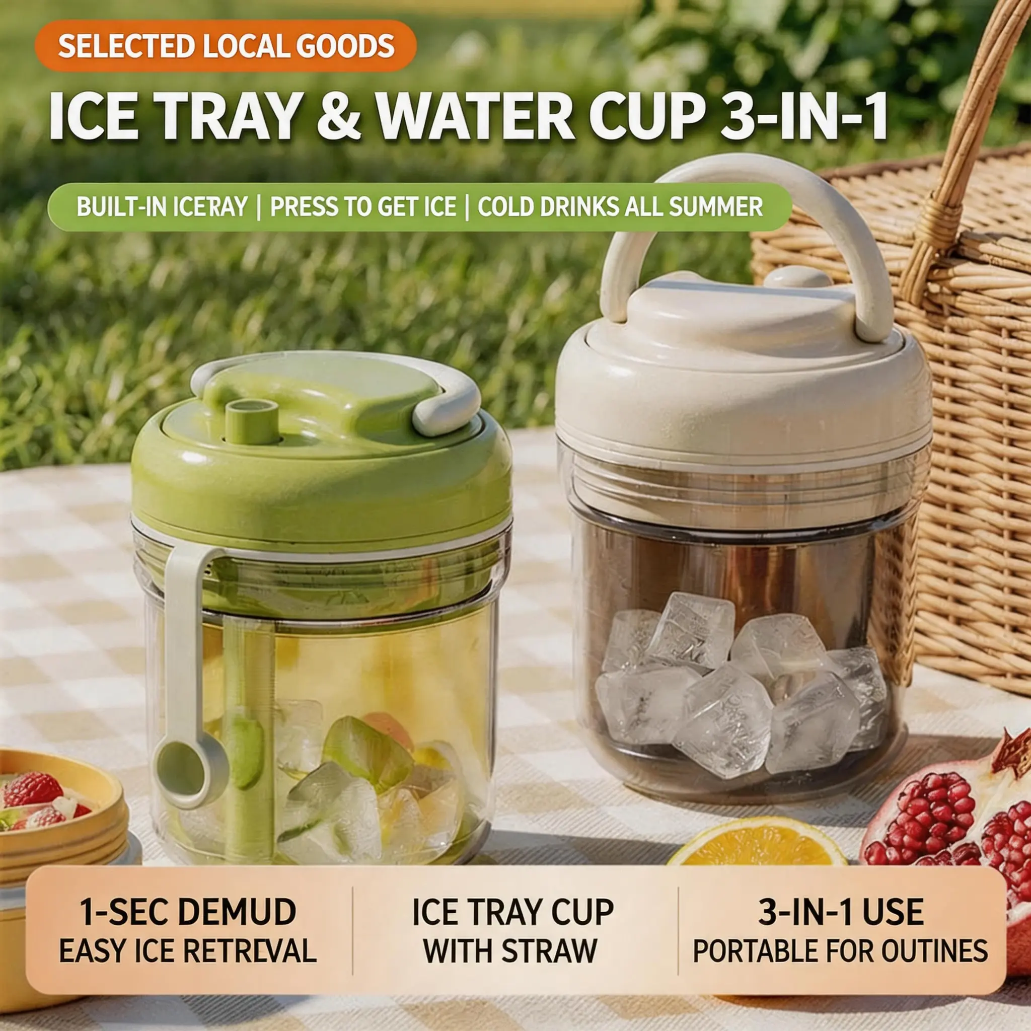 3-in-1 Portable Tumbler with Straw, Self-Freezing Tray & Quick Release Kitchenware for Summer Lemonade, Iced Coffee