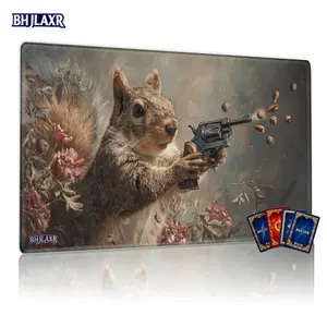 Squirrel Firing Gun with Acorns & Flowers Oil Painting Style MTG Playmat - 12x24in Non - Slip TCG Playmat for Family Gathering & Gift, Compatible with MTG/TCG Games