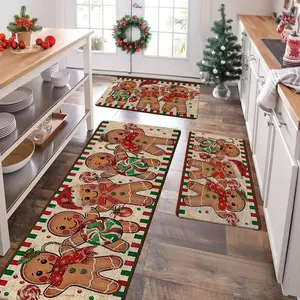 JIT 2/3pcs Christmas Gingerbread Man Brothers Row Christmas Carpet Decoration Gift Kitchen Carpet Set, Flannel Bedside set Floor mat anti-slip washable bedside soft carpet, suitable for kitchen, laundry room, corridor floor running mat carpet