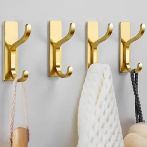 Adhesive Wall Coat Hooks - Heavy Duty Stick-On Door Hanger, Metal Hook for Hanging Towel,Purse, Robe, Backpack, Jacket, Clothes - for Bathroom,Dorm, Closet, Kitchen - Gold, 4 Pack