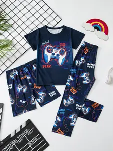Boys' Game Machine Print Set, Round Neck Short Sleeve Tee & Shorts, Casual Long Pants, Summer, 3 Piece Set