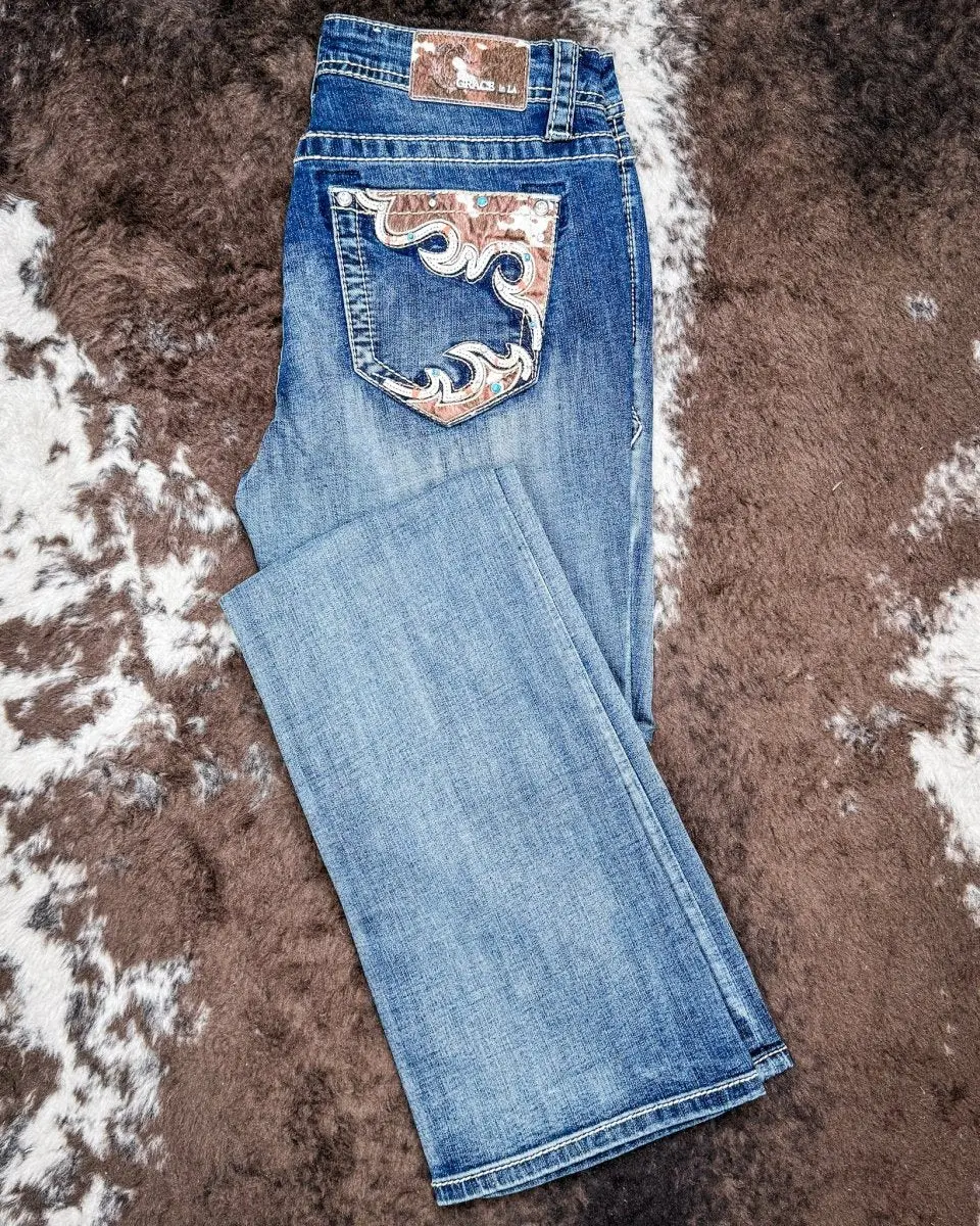 Grace in LA Women's Feminine Easy-Fit Boot-Cut Jeans, Turquoise, Cotton-Polyester Blend, Hip-Flattering Design