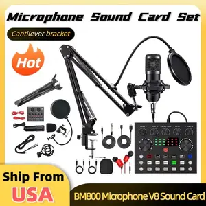 Podcast Equipment Bundle BM800 Microphone V8 Sound Card & Cantilever Bracket for Recording Broadcasting Live Streaming