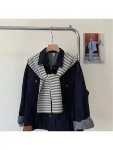 Casual hat and scarf integrated shawl detachable collar spring/autumn warm striped knitted short cape