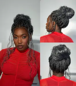 24" Michelle Salt & Pepper Glueless Swiss HD Full Lace Boho Braided Wig - Human Hair & Synthetic Blend Curls 1B Base