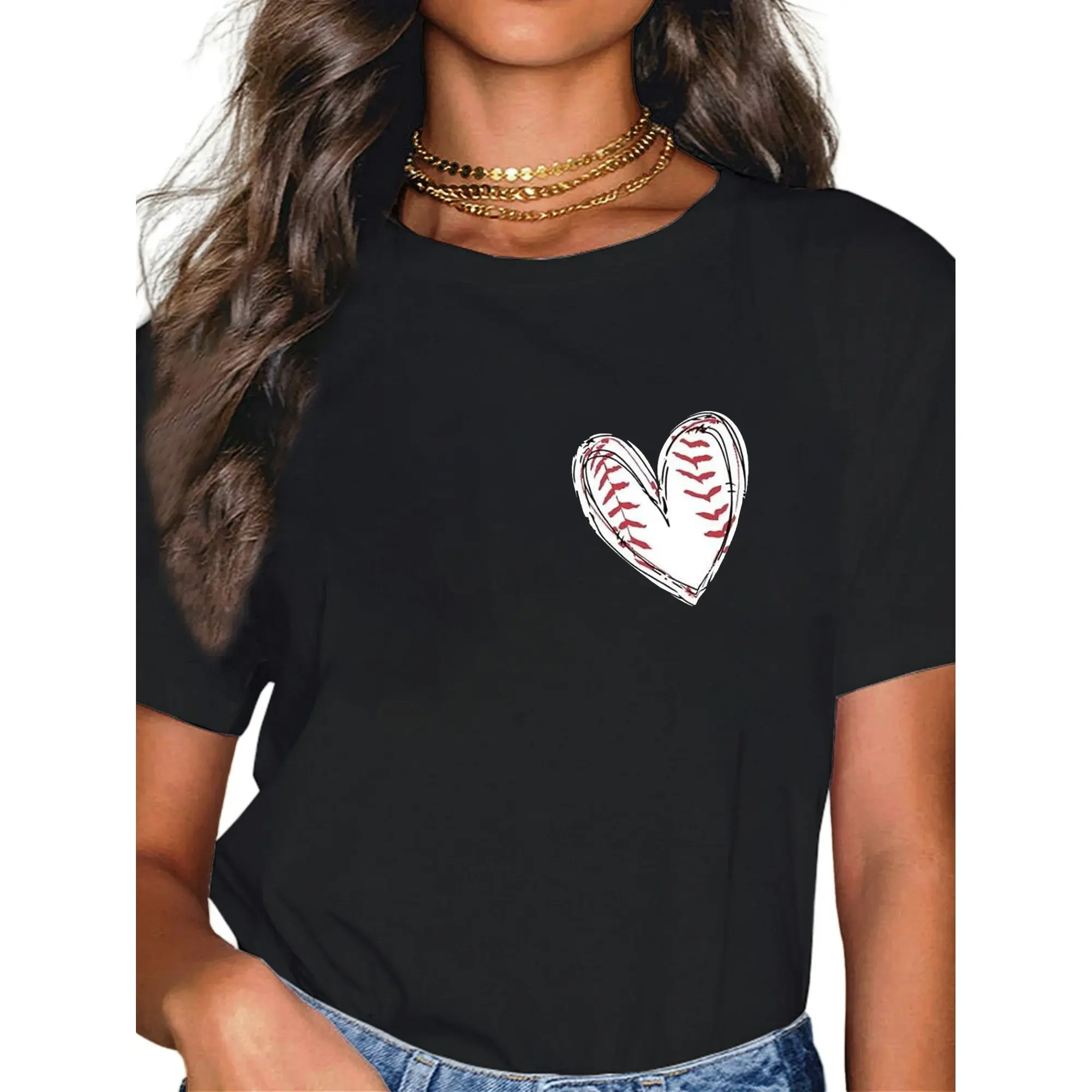 Lady's 100% Cotton Casual Short-Sleeve Graphic Baseball Shirt, Everyday Game Day Mom Tee
