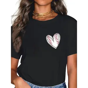 100% Cotton Women Baseball Shirt Baseball Heart Tee Baseball Mom Tshirt Game Day Short Sleeve Tops