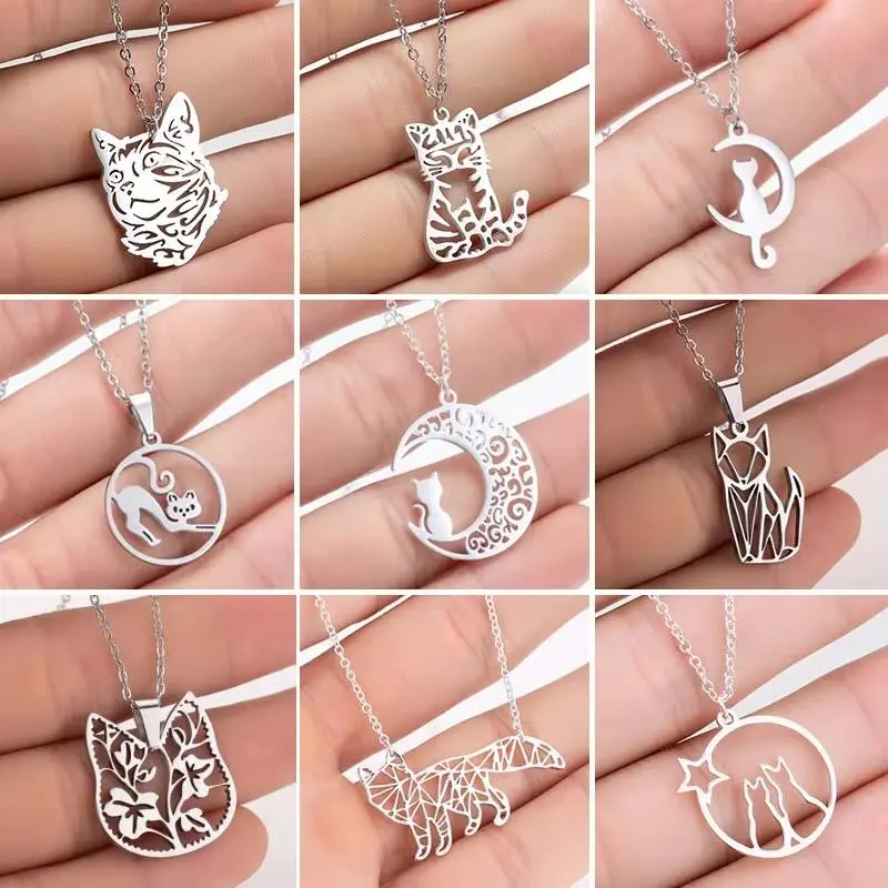 Stainless Steel Origami Cat Necklaces Lovely Animal Kitten Jewelry Cat on the Moon Pendant Necklace Women Bijoux Collane 2026