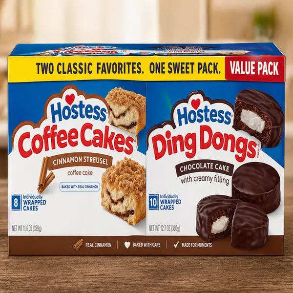 Hostess Coffee Cakes & Ding Dongs Variety Pack – Cinnamon Streusel Coffee Cakes & Chocolate Crème-Filled Snack Cakes, Individually Wrapped, 18 Count