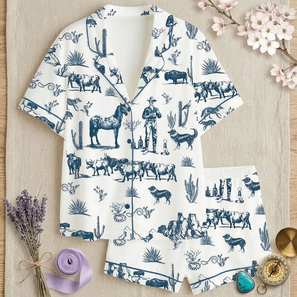 Western Pajamas Set, Cowboy Pajama, Cowgirl Toile Sleepwear, Short Sleeve Button Down Loungewear, Nashville Bachelorette Party Pjs, Vintage Blue White Horse Cactus Nightwear, Texas Desert Matching Shorts Set Outfits for Women Lounge Gift
