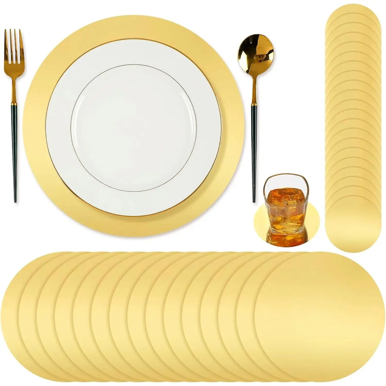 100-Pcs Shiny Sturdy Lightweight Round Gold Foil Disposable Tableware Set - Paper Placemats, Paper Coasters, Aesthetic Indoor Decor for Wedding, Birthday Party Dining