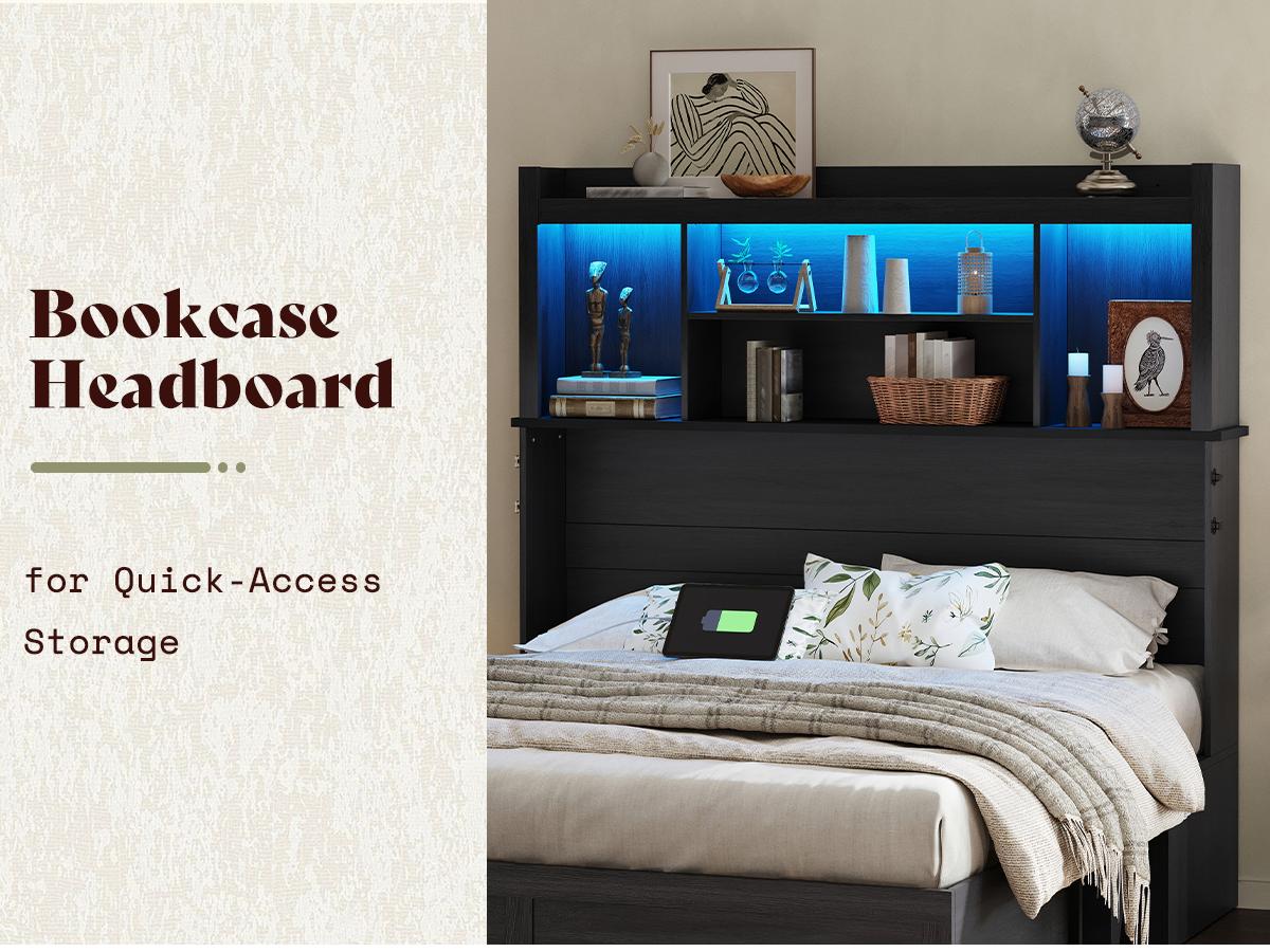 [Mattress NOT Included] [Ship in 2 Boxes] AMERLIFE Murphy Bed with Bookcase Headboard & LED Light, Farmhouse Cabinet Bed with Storage Drawer, Charging Station and Desk for Home Office/Guest Room/Small Spaces