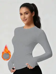 Women's Warm Thermal Innerwear Round Neck Long Sleeve Fitted T-Shirt, Classic Basic Minimalist Versatile Solid Color Casual Bottom Layer, Suitable for Home and Outdoor Wear Womenswear