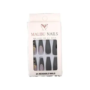 MALIBU She’s My Ace 24 Piece Extra Long Coffin Press On Nails Black - Multipack with 20g Weight, Metallic & Acrylic Finish press-on nail