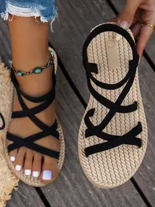 Women's Fashion Flat Sandals, Breathable Sandals, Cross Strap, Elegant Cute, Casual Summer Footwear, Casual Textile Shoes, Rubber Sole, Suitable for Home Outdoor Vacation Beach
