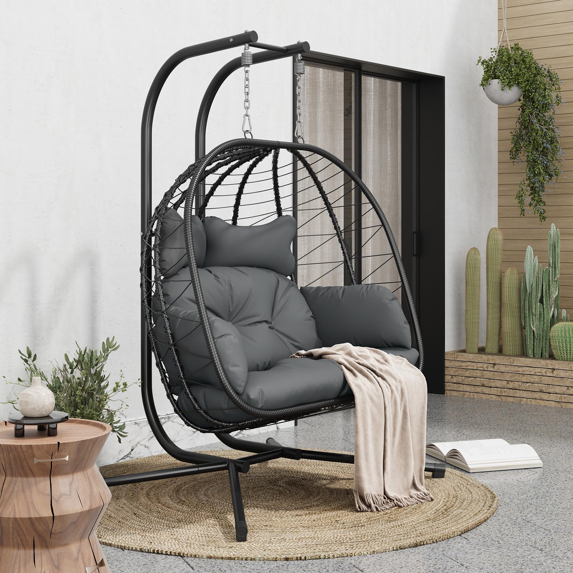 Double Egg Chair with Stand for Patio, Outdoor Indoor Hanging Swing Chair with Cushions, Wicker Rattan, 700lbs Capacity, Waterproof Sunproof for Balcony Garden Porch,,Summervibes