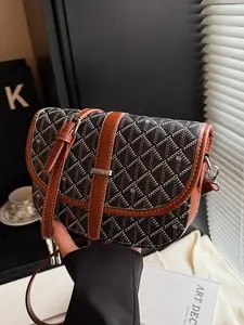 Fashion Colorblock Women's Saddle Bag, Flap Print Design Shoulder Crossbody Bag with Pendant Decoration, Perfect for College Students, Classic Shoulder Bag, Fashionable Saddle Bag