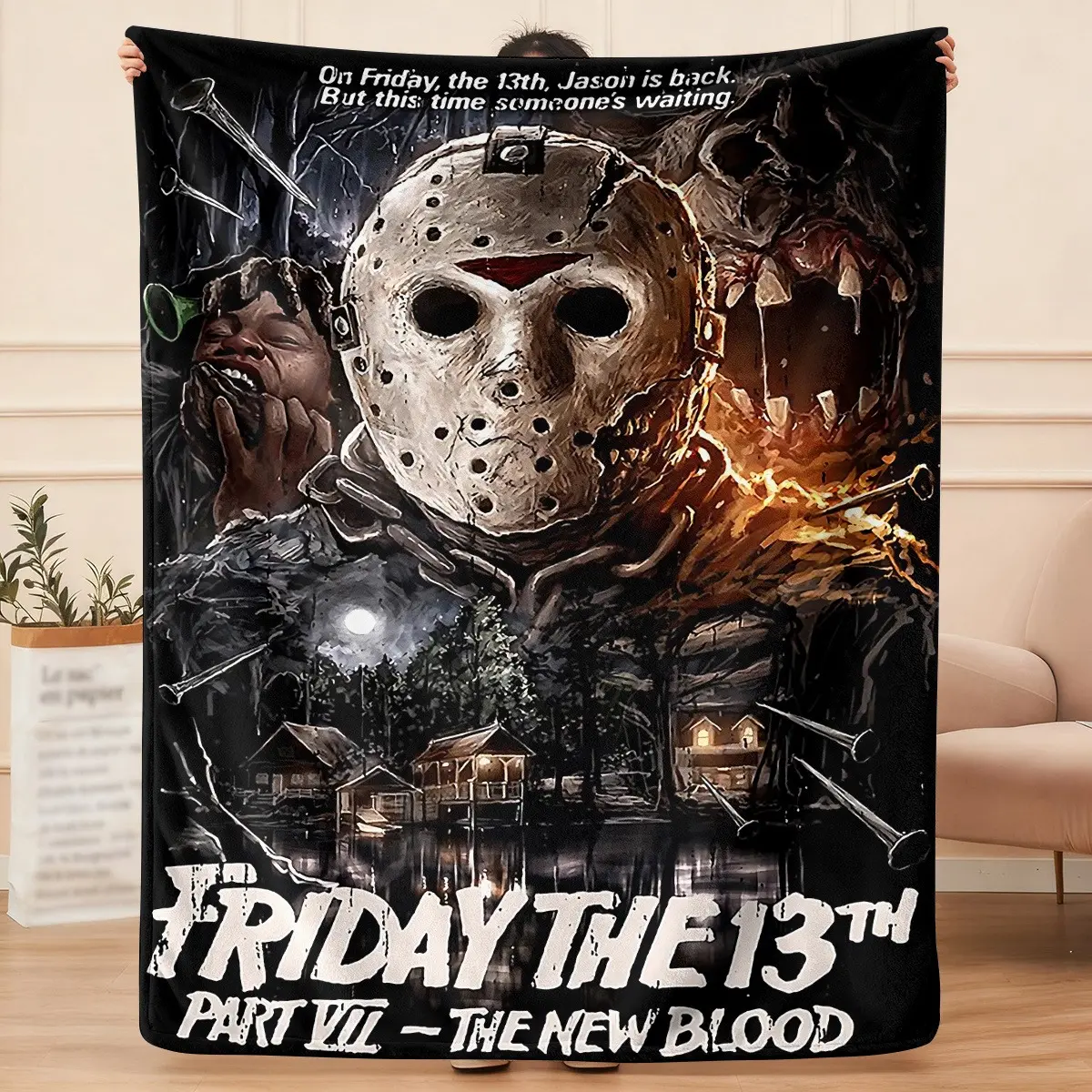 Friday The 13th Jason Horror Flannel Blanket Vintage Slasher Movie Poster Style Ultra Soft Plush Throw Blanket Cozy Lightweight Bedding Blanket for Bed Sofa Couch Bedroom Living Room Halloween Decor Birthday Gift