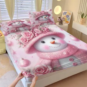 Christmas Theme Fitted Sheet Set, Includes 1 Fitted Sheet and 2 Pillowcases, Light Pink, Carved Decoration Snowman Design, Soft and Skin-Friendly, Perfect for Adult, Kids Bedroom Decor or Holiday Gift