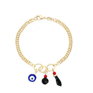 Blue Evil Eye Figa Hand Curb Chain with 3 Lucky Charms 14k Gold-Plated 7.5-Inch Bracelet for Protection & Positive Energy