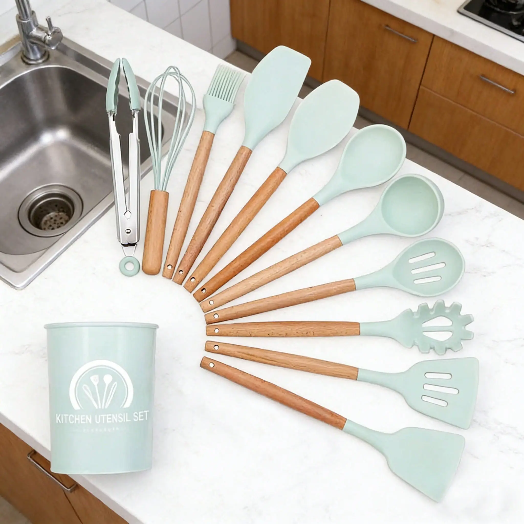 Premium 12-piece silicone kitchen utensil set with storage bucket, heat-resistant cooking tools, natural wooden handles, non-scratch, suitable for all cookware