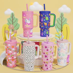 【meoky】 24oz leak-proof straw handle cup with lid & handle, 1 count portable non-slip stainless steel thermos cup with straw, summer cool bottle, wide mouth & narrow bottom tumbler cup for easy cleaning & car loading, leakproof tumbler