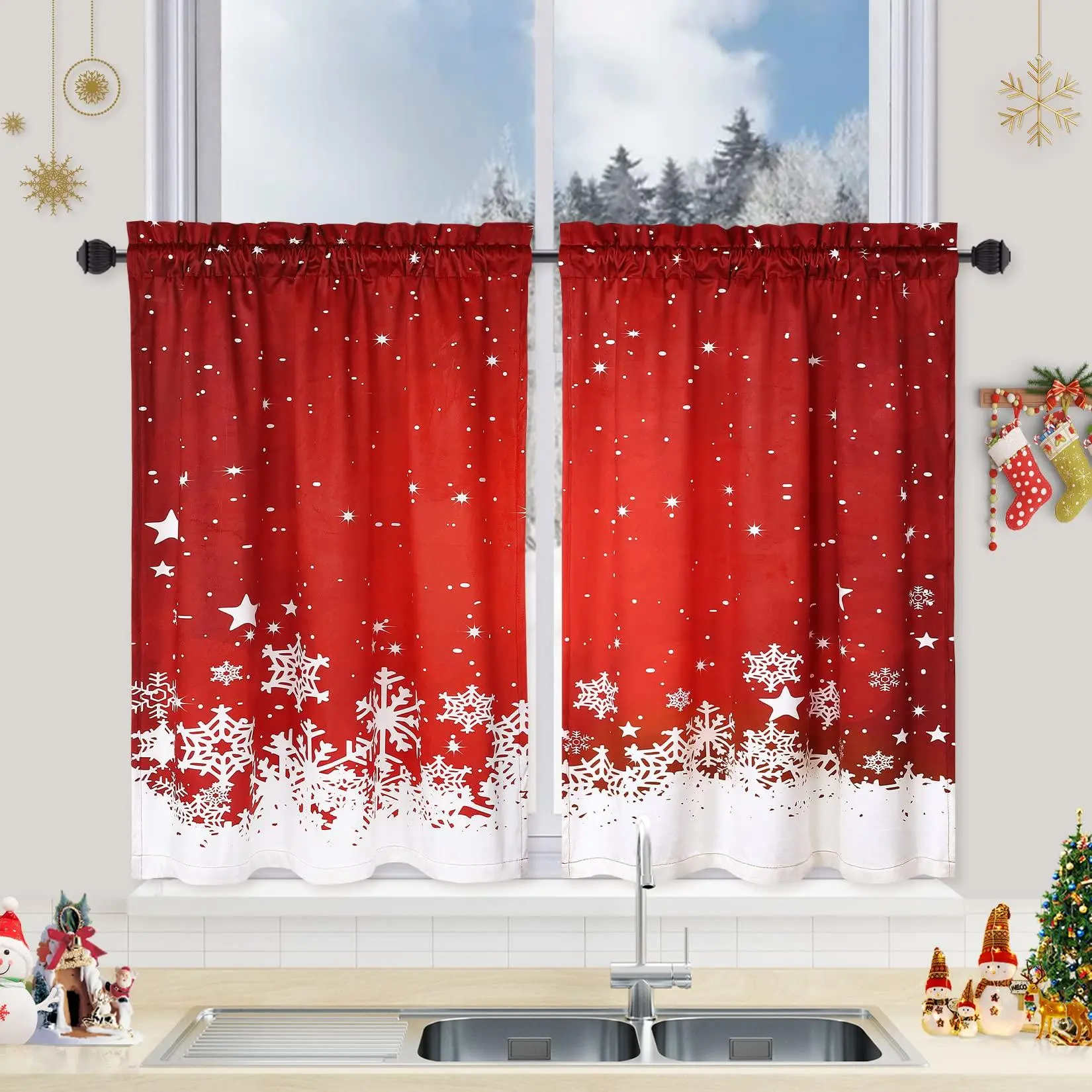 Garvee Christmas Kitchen Curtains, Velvet Curtains Set for Windows | Floral Snowflake Decoration Cafe Curtains, Thermal Insulated Room Darkening Short Curtain (26" W x 24" L, Set of 2）