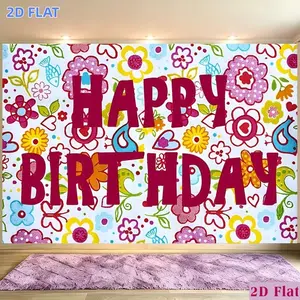 2D Flat Banner 1pc, for Party Banners Banner, Polyester Backdrop Colorful Floral Heart Happy Birthday Bright Cartoon, for Party Decor Club, Farm, Room, Garden, Home, No Electricity, Easy to Hang Gift for Weddi