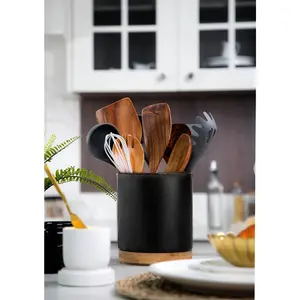 360°Rotating Utensil Holder, 7.2" Kitchen Utensil Crock, Ceramic Cooking Utensil Organizer with Countertop-Protection Cork Bottom for Farmhouse Kitchen Decor Christmas (Stone Black) Knife Knives Storage shoe rack shell jewelry clothes cabinet bolt ring