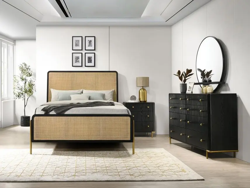 COASTER Modern Arini Queen Bedroom Set - 4-Pc (224330Q-S4), Black & Natural Wash Wood, Grey Natural Cane Headboard, Dresser, Nightstand