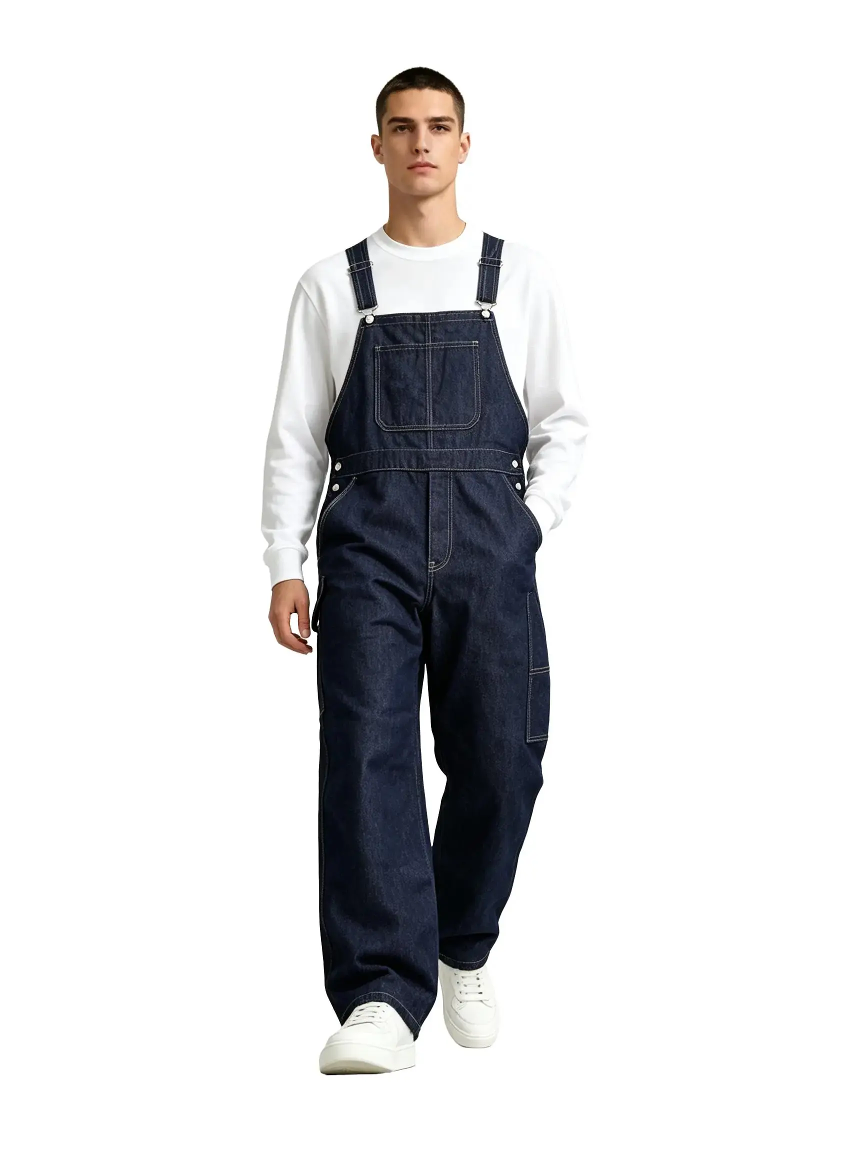 Men's Denim Bib Overalls, Vintage Baggy Streetwear Jumpsuit with Pockets, Heavy-Duty Workwear with Adjustable Buckle Straps, Fashion, Menswear, Outdoor, Straight, Utility, Long, Plain, All-Seasons, Fabric, Classic, Loose, Casual Soft Jean
