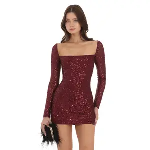 Lucy In The Sky Sequin Long Sleeve Dress in Maroon