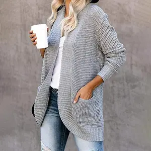2025 Autumn/Winter New Open Knitted Woolen Sweater for Women, Curved Grid Large Pocket Open Knitted Woolen Sweater