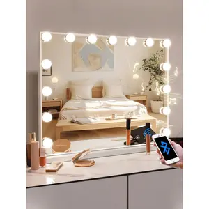 FENCHILIN Vanity Mirror With Lights 22.8"X 18.1" Makeup Mirror With Lights And 15 Dimmable Bulbs,3 Colors Modes,Hollywood Mirror With USB Charging Port And 10X Detachable Magnification Mirror,White