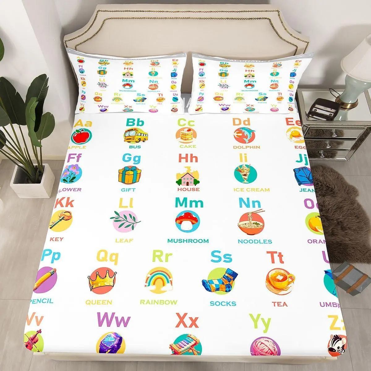 ABC Alphabet Fitted Sheet ,Cartoon Bedding Set Numbers Bed Sheet Set Kids Toddler Educational Learning Bed Cover with (No Flat Sheet)