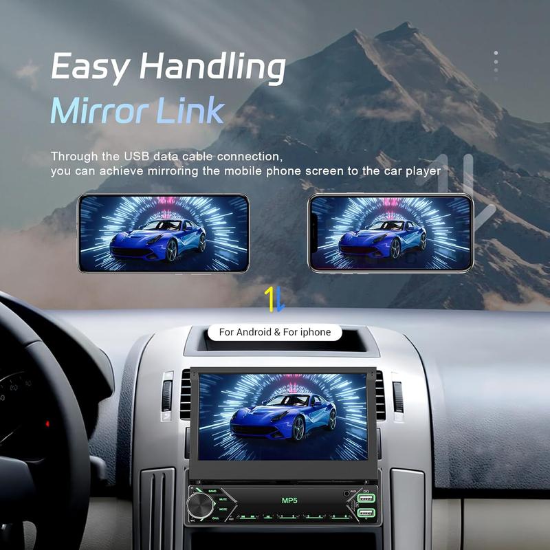 Car Stereo Single Din Touchscreen, 7 Inch Flip Out Car Radio 1 DIN with Bluetooth FM Radio Mirror Link for Android/iOS Phone Support TF/USB + Camera + MIC