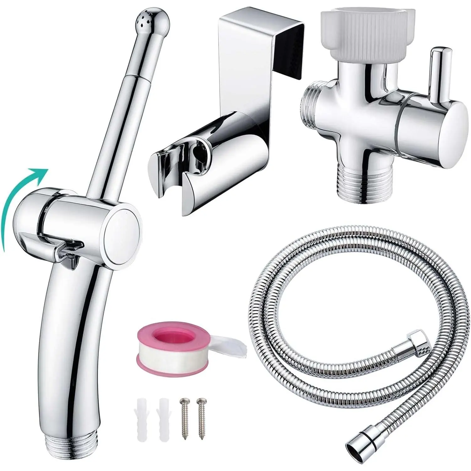 Handheld Bidet Sprayer Combo Set for Toilet, Portable Bathroom Bidet Seat Attachment, 2 Way Installation Hang or Wall-Mount Shattaf Kit for Women with Brass T-Valve Explosion-Proof Hose Chrome