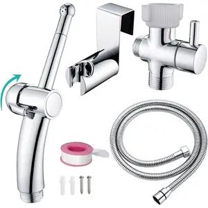 Handheld Bidet Sprayer Combo Set for Toilet, Portable Bathroom Bidet Seat Attachment, 2 Way Installation Hang or Wall-Mount Shattaf Kit for Women with Brass T-Valve Explosion-Proof Hose Chrome