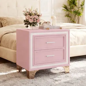 Mid Century Vintage Nightstand with Silver Glitter Strip Decor and Metal Legs, Velvet Bedside Table with 2 Drawers, Fully Assembled Except Legs and Handles, Pink