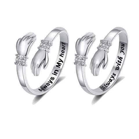 Women's 2-Part Adjustable Non-Tarnish Stainless Steel Stacking Ring Set - Engraved "Always With You", "Hugs", Funky Dainty Silver Jewelry, Customized Grandma Birthday Gifts, Sunflower Ring, Tarnish-Proof Jewelry for Women