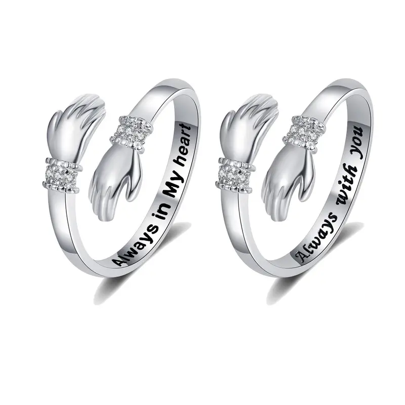 Women's 2-Part Adjustable Non-Tarnish Stainless Steel Stacking Ring Set - Engraved "Always With You", "Hugs", Funky Dainty Silver Jewelry, Customized Grandma Birthday Gifts, Sunflower Ring, Tarnish-Proof Jewelry for Women