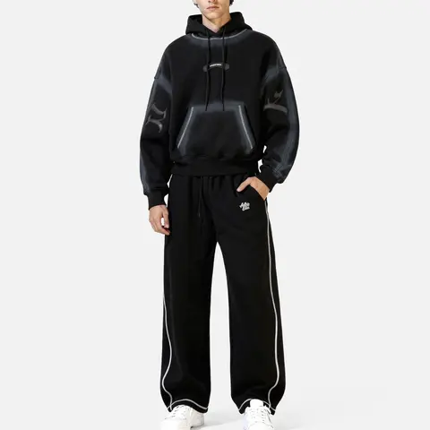 Aelfric Eden Men's 2-Piece Boxy Hoodie and Pants Set - Menswear Trending Swag Real Drip Clothing, Unisex Oversized Batwing Long Sleeve Hoodie, Bold Cargo Pants, Leather Patch, Plain Casual Fleece Warm Y2000 Heavyweight Streetwear