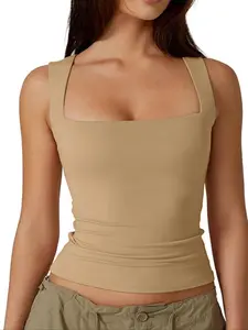 Women's Solid Square Neck Elegant Fitted Sleeveless Double Layer Tank Top, Casual Basic Bodycon Tee for Summer, Ladies Clothes for Daily Wear